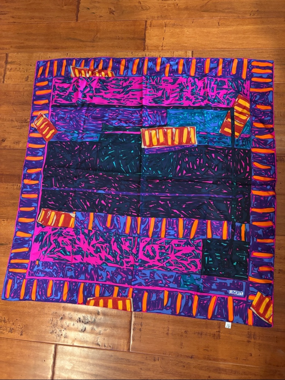 Liberty Vibrant Abstract Silk Scarf in Pink, Purple & Blue - Picture 2 of 8